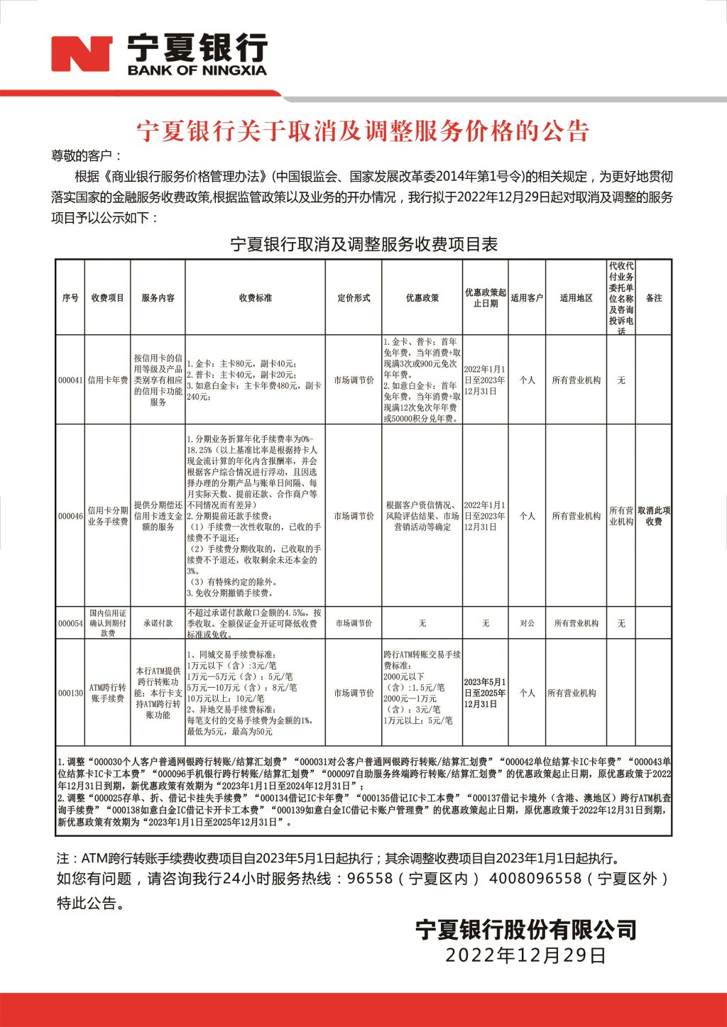 附件：寧夏銀行關于取消及調整服務價格的公告-壓縮版